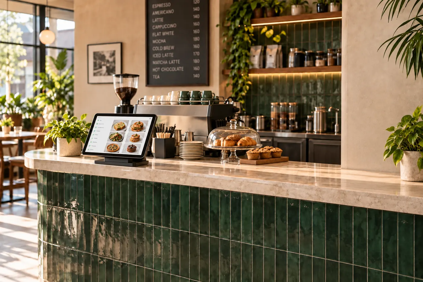 Compact angled tablet kiosk on a green-tiled café counter
